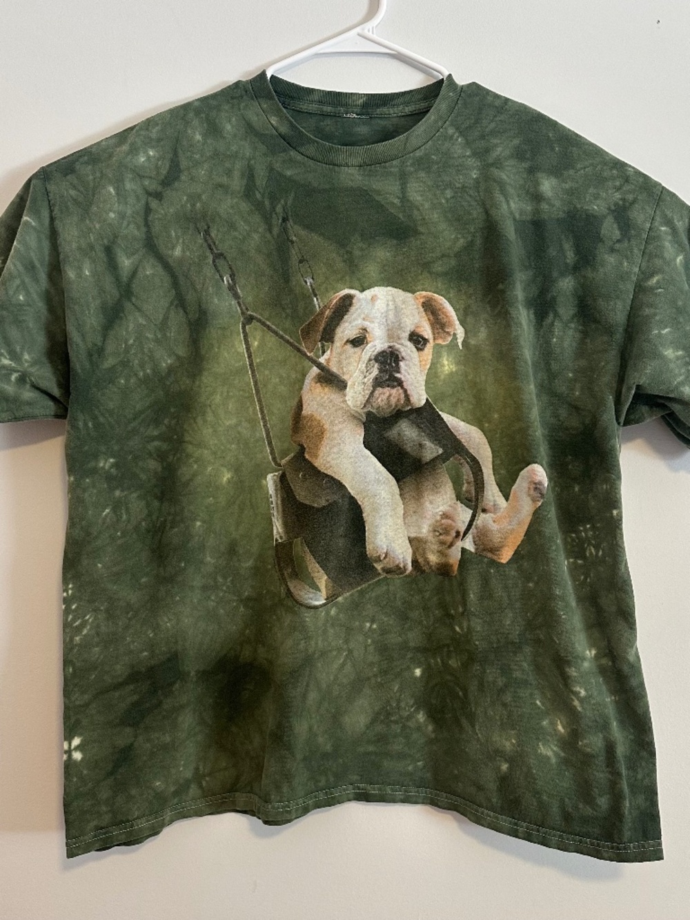 Men's Puppy Animal Print T-Shirt XL Green Acid Wash Y2K Short Sleeve